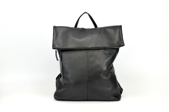 black leather fold backpack Large Leather Fold-top Backpack: Handmade Rucksack, Travel, Work