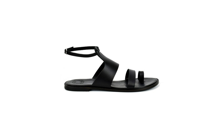 May include: Black leather sandals with a toe ring and ankle strap.