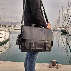Full Grain Leather Messenger Bag for Men, 17 inch Laptop Bag, Professional Leather Briefcase 4 Available Colors. Black