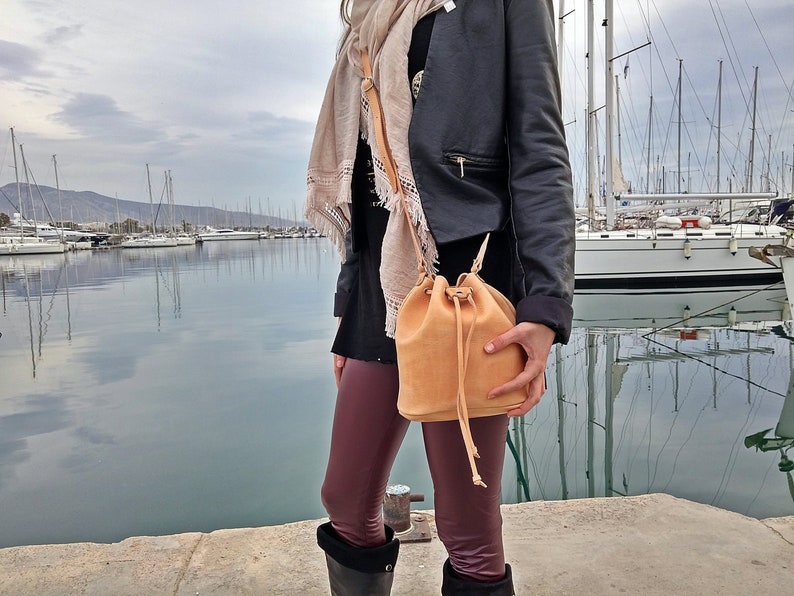 Small Bucket Bag from Full Grain Leather Handmade in Greece by LeatherStrata / Gift for her 