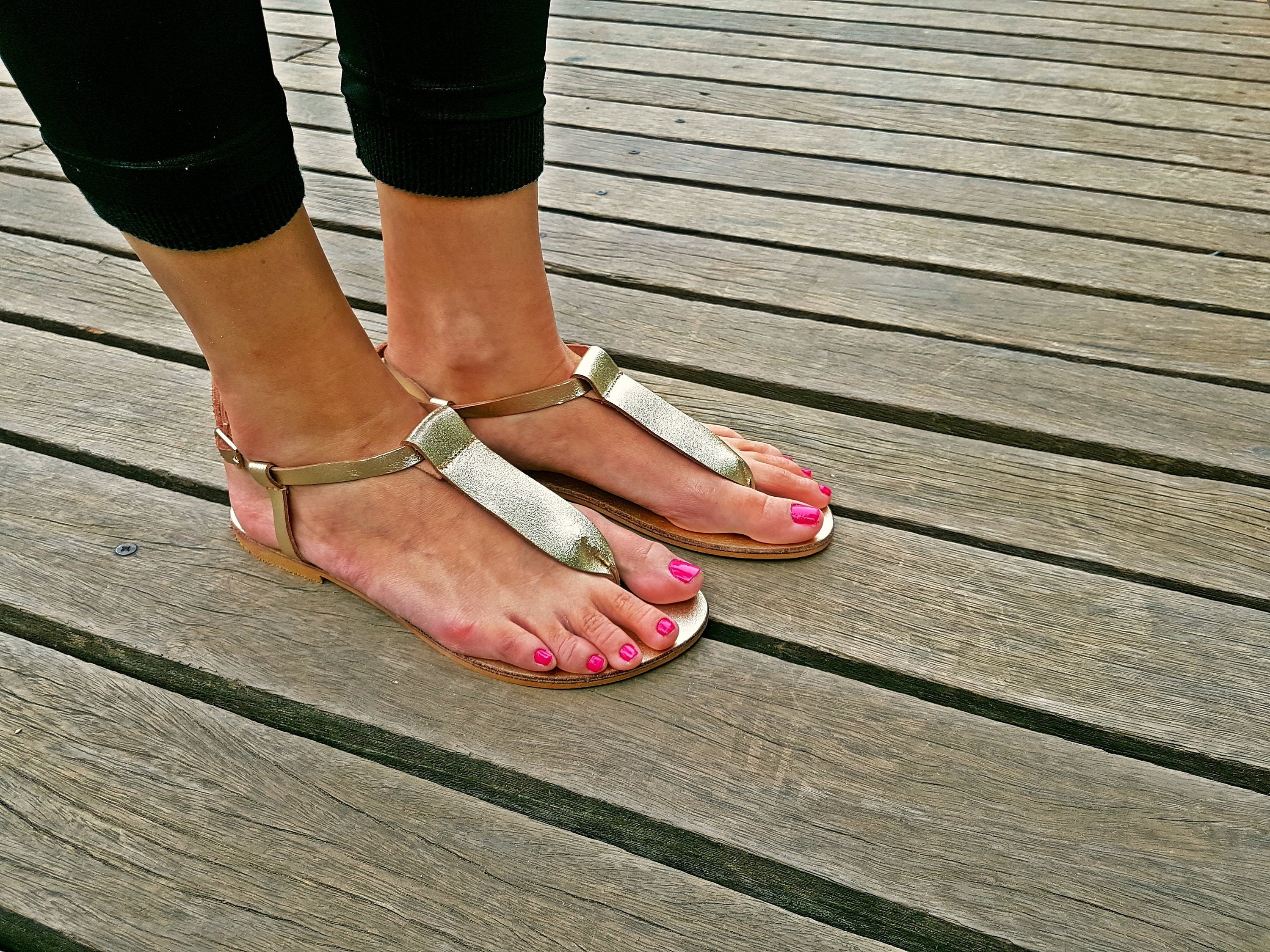 Gold Thong Sandals for Women / Gold Leather T-Strap Sandals | Etsy