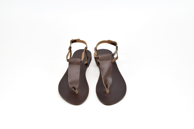 May include: A pair of brown leather sandals with ankle straps. The sandals have a simple design and are made of high-quality leather.