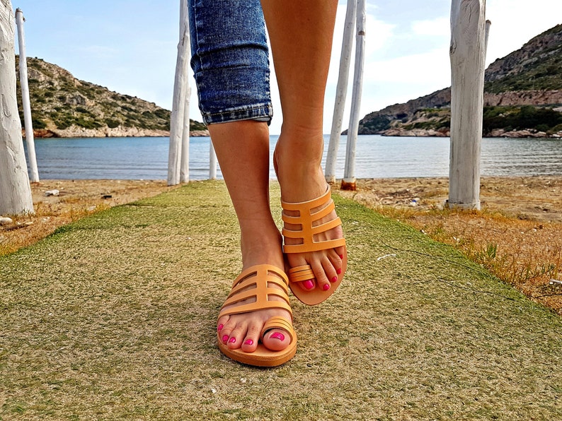 Ancient Greek Gladiator Sandals in Natural Brown Leather Color, Greek Sandals, Flat Sandals Women Handmade of Genuine Leather. image 1