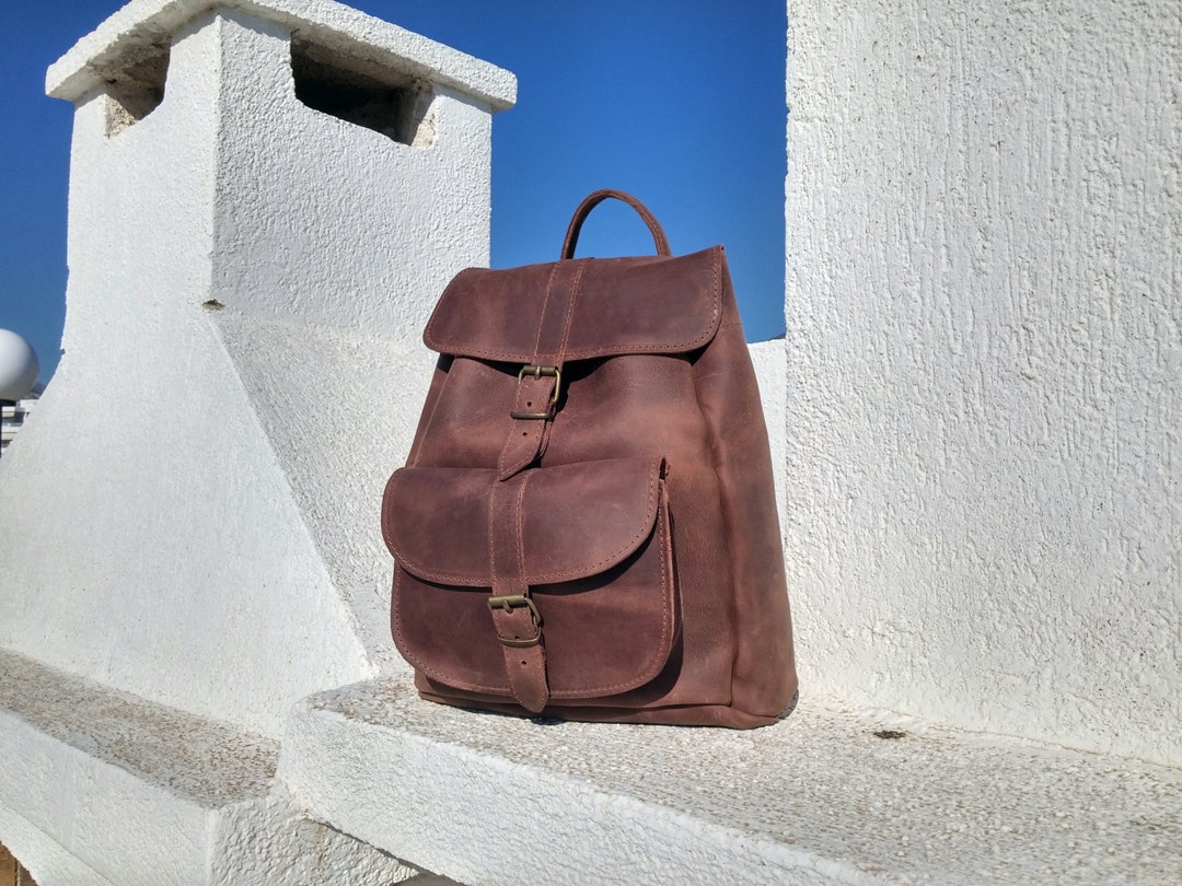 Waxed Brown Leather Backpack: Full Grain Rucksack, Handmade  display picture 2