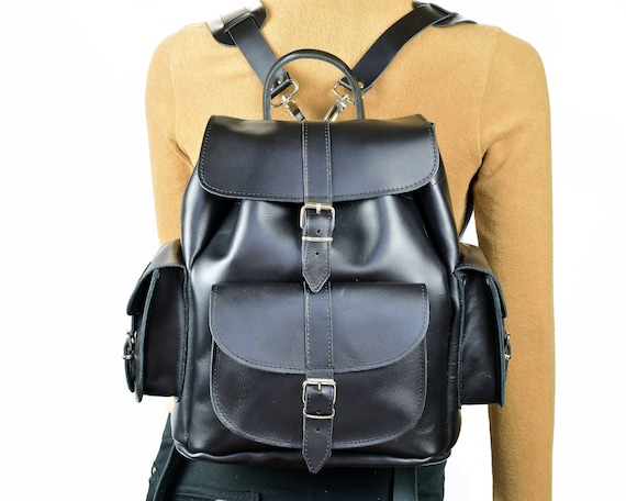 Handmade Black Large Capacity Calf Leather Backpack Bag Personalize Handmade Black Leather Backpack: Large Capacity  main image 2