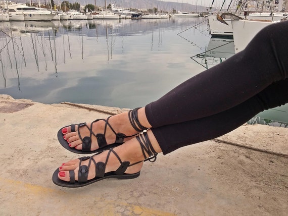 Buy Black Gladiator Sandals for Women, Knee High Summer Sandals, Ancient  Greek Flat Shoes, Black Lace up Sandals. Online in India - Etsy