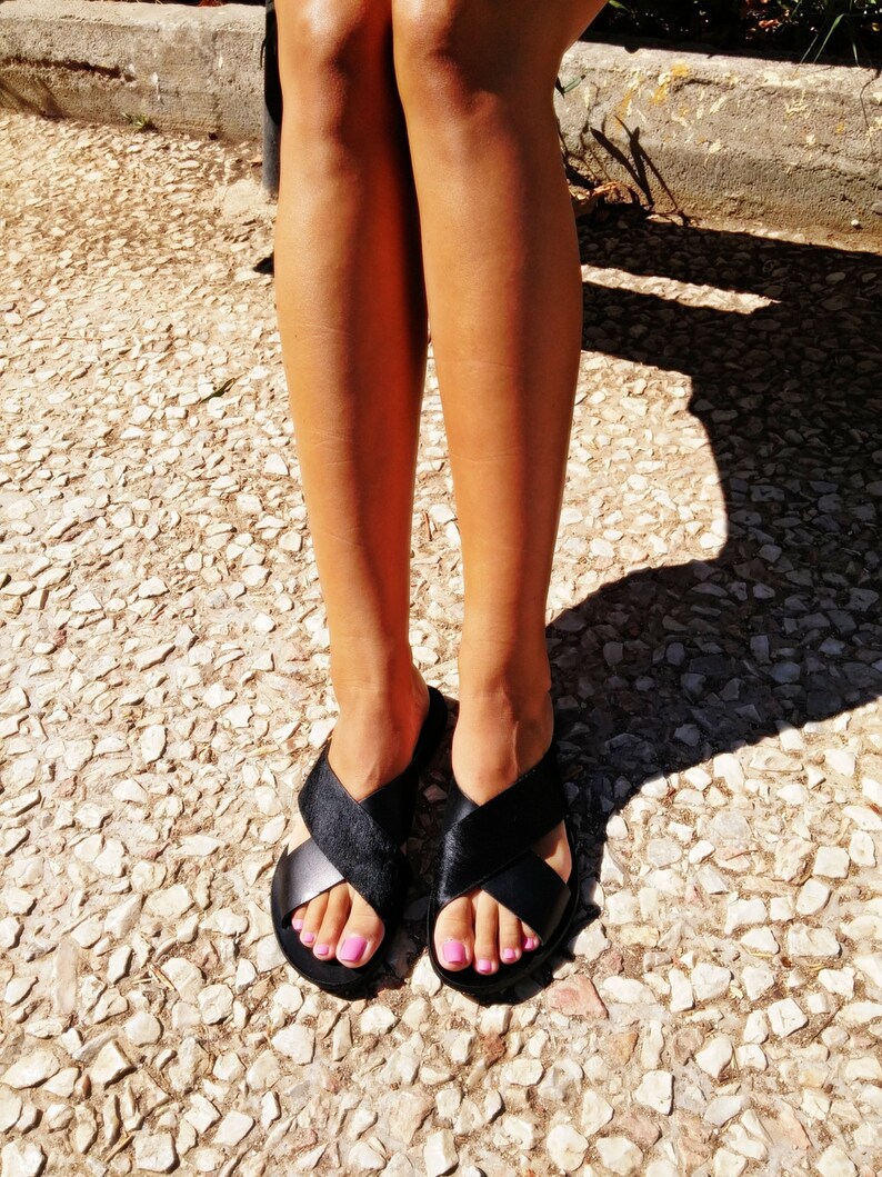 Black Sandals, Greek Sandals Handmade of Genuine Black Leather & Faux/Fake Pony Skin, Cross Sandals, Flat Leather Slides. image 1