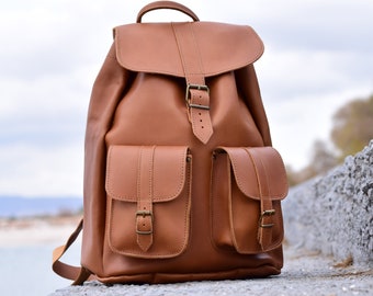 Tobacco Brown Leather Backpack from Full Grain Leather, Extra Large Size College Backpack Rugged Travel Backpack, Handmade in Greece.