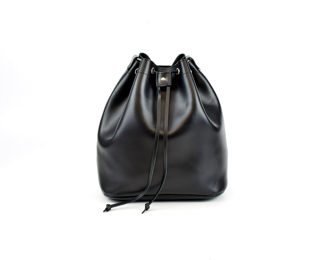 Black Leather Bucket Bag, Women's Shoulder Bag Handmade of FULL GRAIN ...