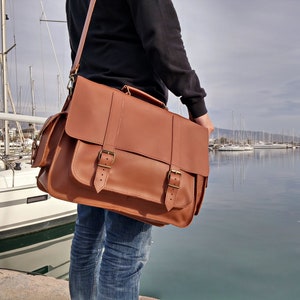 Full Grain Leather Messenger Bag for Men, 17 inch Laptop Bag, Professional Leather Briefcase 4 Available Colors. Tobacco