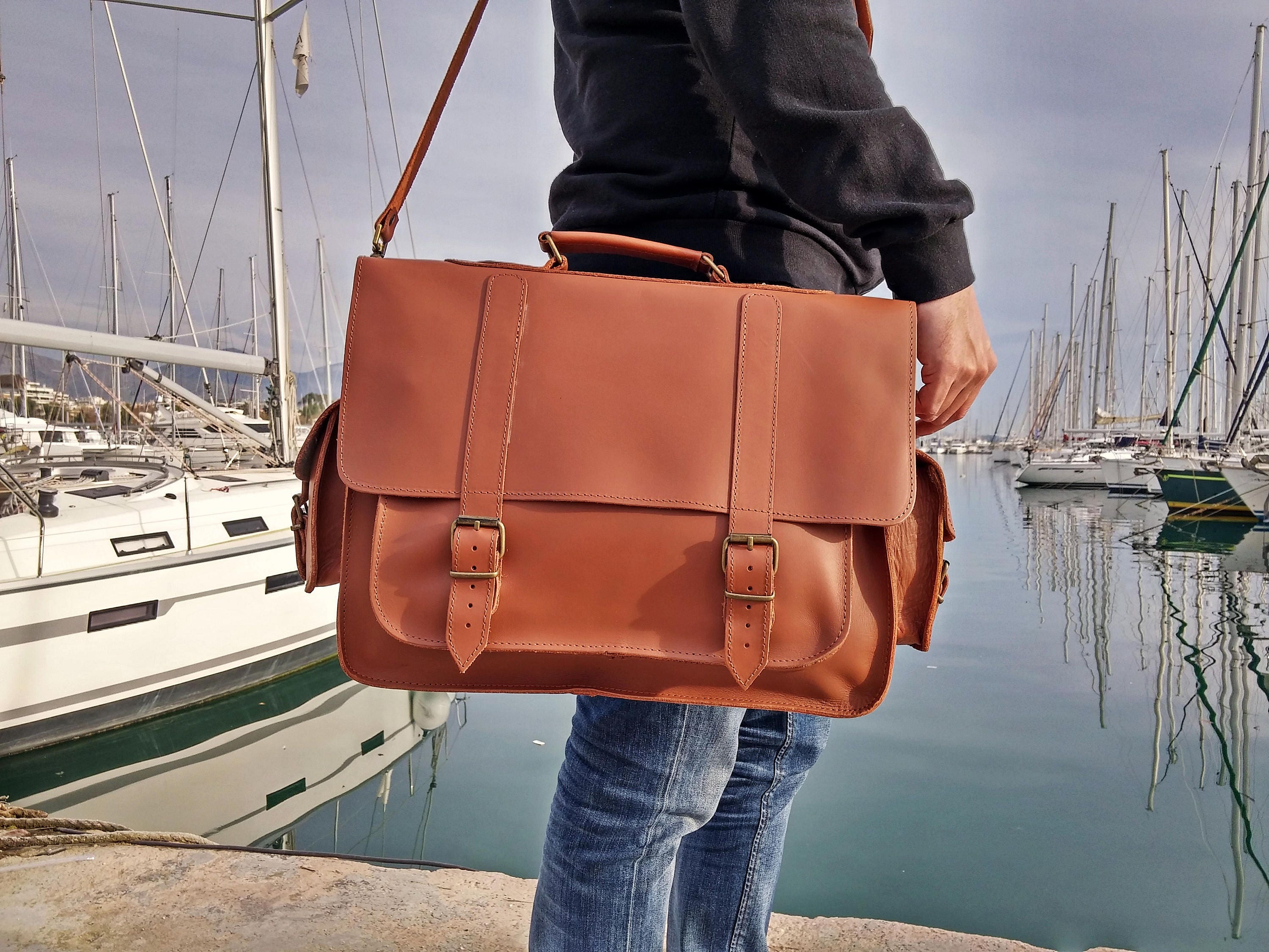 Large Leather Messenger Bag 17 Inch Laptop Briefcase Mens Etsy