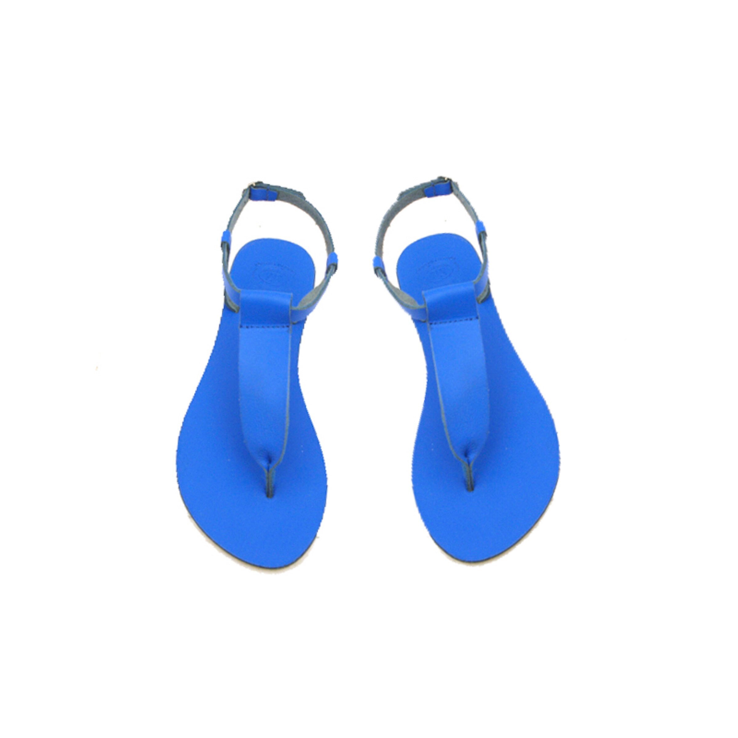 サンダル・ミュール Blue Leather Thong Flats Women Sandals Blue Thong Leather Sandals Greek Handmade
