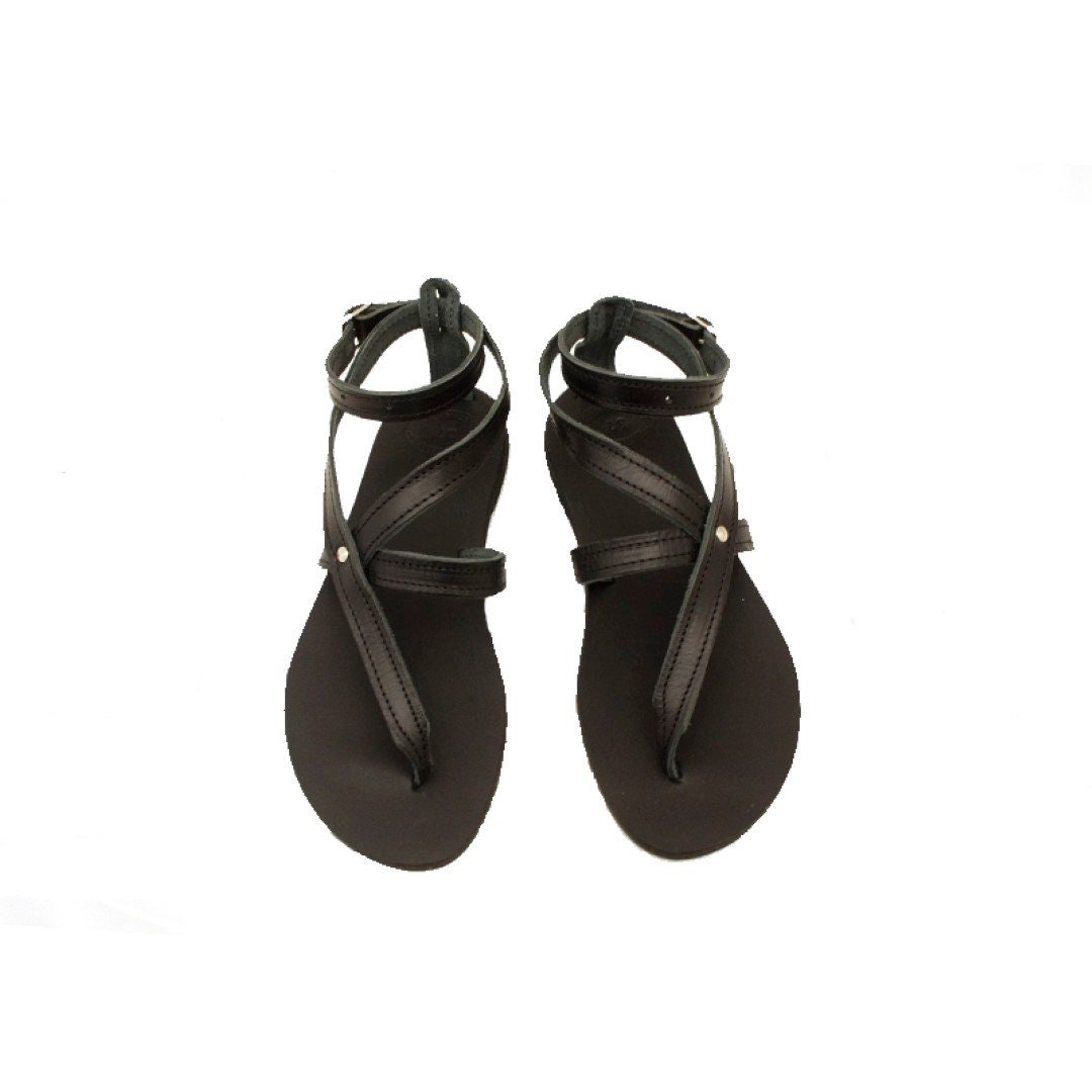 Black Leather Sandals Strappy Sandals Summer Flats. - Etsy