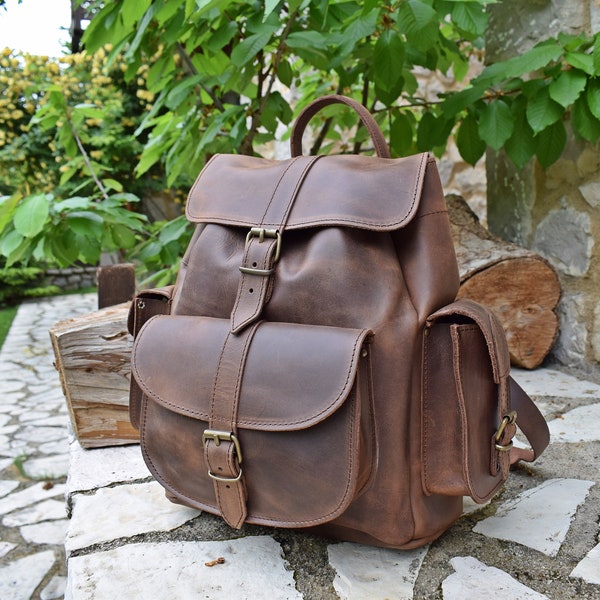 Women's Backpack, Waxed Leather Backpack, Handmade College Backpack, Everyday Backpack, Waterproof Full Grain Leather Backpack. LARGE Size.