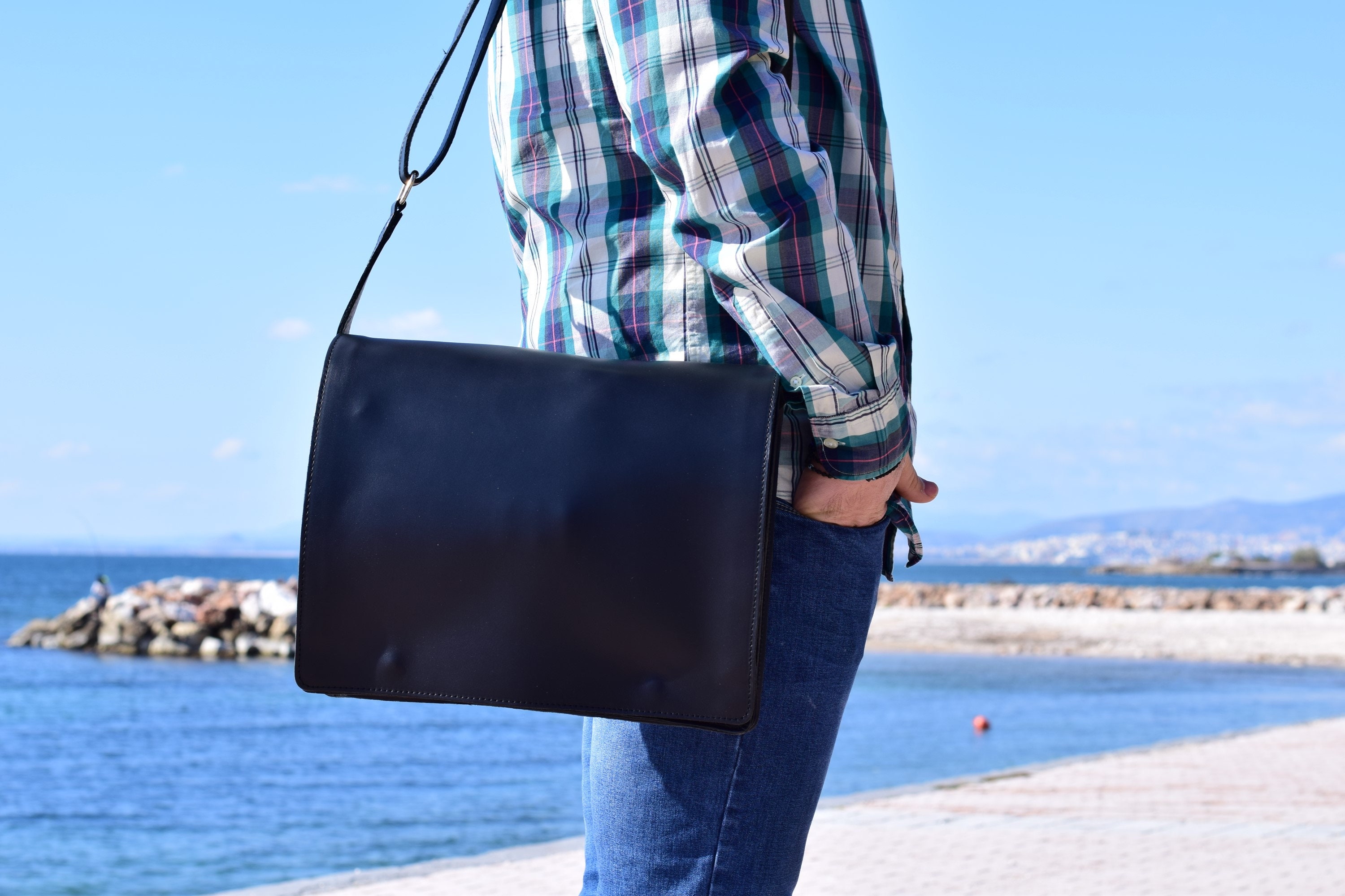 Black Leather Messenger Bag Laptop Bag Crossbody Bag for 13 Etsy
