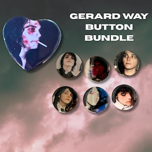 Gerard Way Button Bundle – MCR Heart Pin + 6 One Inch Buttons – Emo Scene Nostalgia Gift – Fanmade Collectible