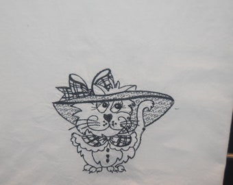 Embroidered Cat Flour Sack Tea Towel