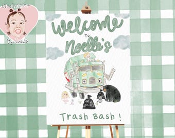 Peut inclure: Une pancarte d'accueil verte et blanche avec le texte "Bienvenue chez Noelle's Trash Bash !" Un camion à ordures vert avec un visage souriant est au centre de la pancarte. Il y a deux petits personnages devant le camion et un ours derrière.