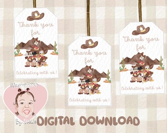 May include: Three printable thank you tags featuring a cartoon cowboy Mickey Mouse and friends. The tags are white with pink text that says "Thank you for celebrating with us!" The background is a watercolour style desert scene with cacti and mountains.