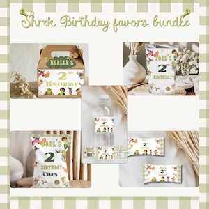 May include: A collection of Shrek-themed birthday party favours. Includes a cardboard box, chip packets, water bottle, and sweet wrappers, all decorated with Shrek characters and the text "Joel's 2nd Birthday". The colour scheme is green and brown.