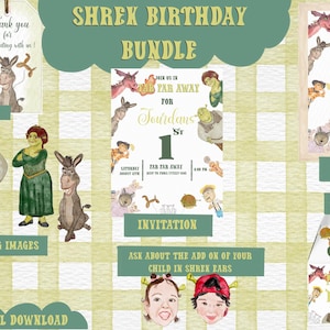 May include: A digital download bundle for a Shrek-themed birthday party. The bundle includes printable tags, a welcome sign, treat box images, an invitation, and four PNG images featuring Shrek, Fiona, Donkey, and Puss in Boots. The images are in a watercolour style.