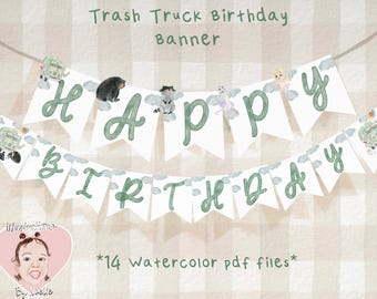 Peut inclure: Une bannière verte et blanche avec les mots "Joyeux anniversaire" en lettres vertes. La bannière est décorée d'illustrations d'un camion à ordures, d'un raton laveur, d'un écureuil et d'un oiseau. Le texte "*14 fichiers PDF aquarelle*" est en bas de la bannière.