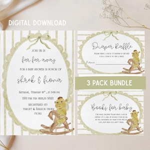 May include: Digital download baby shower invitation set. The invitation features text "far far away" and "Shrek & Fiona". Includes a diaper raffle and books for baby cards. The design has a green and white color scheme with a rocking horse illustration.