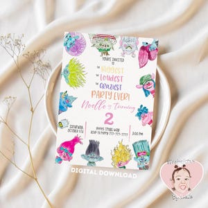Trolls birthday invitation/pastels/watercolor/poppy and friends/digitial download/edit on Canva