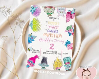 Invitación de cumpleaños de Trolls/pasteles/acuarela/Amapola y sus amigos/descarga digital/edición en Canva