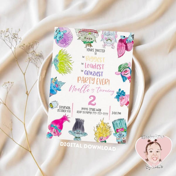 Trolls birthday invitation/pastels/watercolor/poppy and friends/digitial download/edit on Canva
