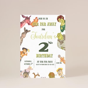 以下が含まれることがあります： 人気アニメ映画のキャラクターが登場する誕生日招待状。「Jourdan's 2nd Birthday」の文字と日時が記載されています。水彩画のイラストがデザインに取り入れられています。