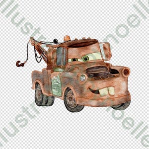 Puede incluir: Un cami&oacute;n de remolque marr&oacute;n oxidado con un letrero verde y blanco que dice "Mater's Towing" y un gancho en la parte trasera. El cami&oacute;n de remolque tiene una cara sonriente con un solo diente visible.