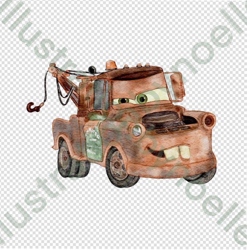 Puede incluir: Un cami&oacute;n de remolque marr&oacute;n oxidado con un letrero verde y blanco que dice "Mater's Towing" y un gancho en la parte trasera. El cami&oacute;n de remolque tiene una cara sonriente con un solo diente visible.