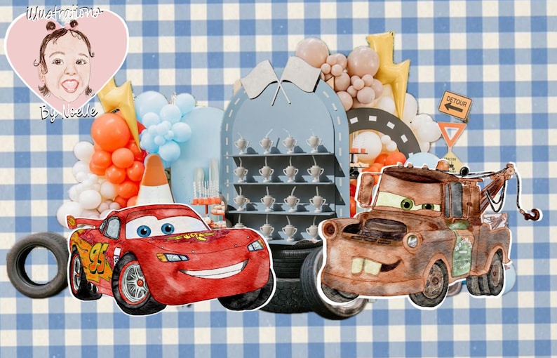 Puede incluir: Un tel&oacute;n de fondo de fiesta con tem&aacute;tica de Cars con coches de dibujos animados rojos y marrones, un fondo a cuadros azul y blanco y un puesto azul con tazas blancas. El tel&oacute;n de fondo tambi&eacute;n incluye globos de varios colores, como naranja, blanco y azul.