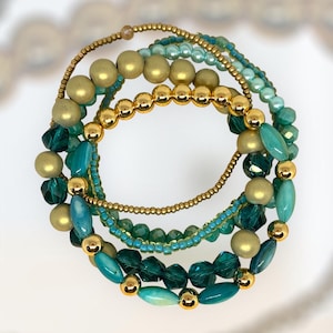 Teal & Gold Beaded Bracelet Stack – 7 Piece Set