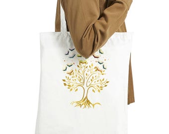 Bolso de tela con diseño del Árbol de la Vida Dorado, regalo para bibliotecarios, bolso de algodón para amantes de los libros, bolso de biblioteca literaria, regalo único para lectores, accesorios para amantes de los libros.