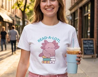 Camiseta Read-A-Lotl, linda camiseta rosa con ajolote leyendo un libro, regalo para amantes de los ajolotes, camiseta para bibliotecarios amantes de los libros, camiseta divertida con juego de palabras de animales para lectores.