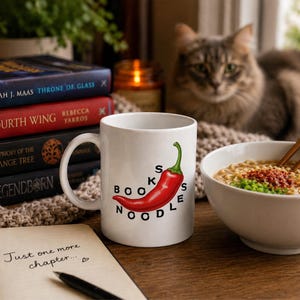 Books and Noodles Mug, Funny Chilli Book Lover Gift, Spicy Reader Coffee Cup, Unique Bibliophile Mug, Cute Kitchenware for Bookworm