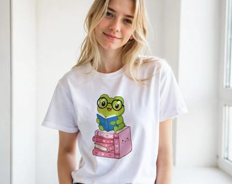 Camiseta con diseño de rana lectora y libros, regalo para amantes de los libros, camiseta para bibliófilos, camiseta de rana con gafas, camiseta de bibliotecario, camiseta estética de rana lectora.