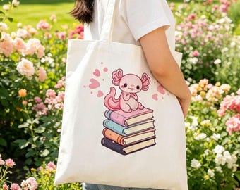 Bolso de mano con diseño de ajolote, bolso con estampado de ajolote leyendo libros, regalo estético para amantes de los libros, bolso rosa con corazón, bolso de algodón ecológico, bolso de biblioteca.