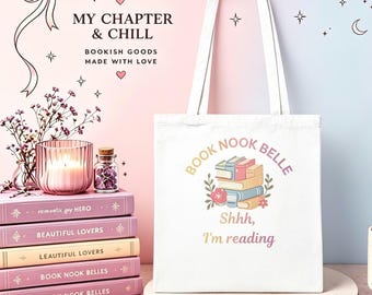 Bolso de mano Book Nook Belle - Regalo personalizado para amantes de los libros, bolso de biblioteca en tonos pastel, bonito bolso de algodón para ratones de biblioteca, ideal para la biblioteca y el supermercado. Uni