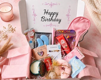 Un abrazo en una caja. Caja de regalo para el autocuidado. Caja de autocuidado de cumpleaños. Set de cesta de regalo rosa. Cesta para mimarse. Set de regalo para relajarse.