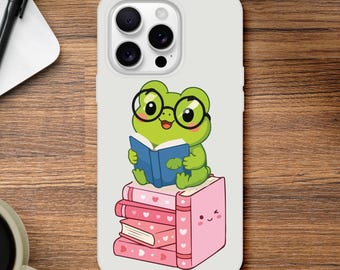 Funda para móvil con diseño de rana lectora - Funda con rana ratona de biblioteca y gafas - Funda para iPhone con estética cottagecore - Regalo para amantes de los libros