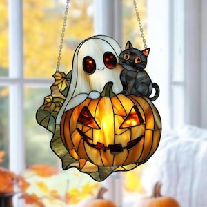 ACRYLIC Halloween Black Cat Ghost Acrylic Suncatcher, Ghost Suncatcher Halloween Window Hanging, Black Cat Suncatcher,Spooky Season Ornament