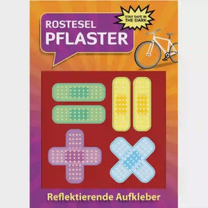 Pode incluir: Imagem de pensos adesivos verdes, amarelos, roxos e azuis, com uma ilustração de bicicleta. O texto inclui "ROSTESEL PFLASTER" e "STAY SAFE IN THE DARK."
