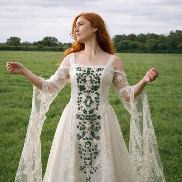 Vestido de Noiva Celta Bordado à Mão - Modelo Rowan Branch & Lace - Simbolismo Irlandês/Escocês/Viking/Nórdico - Feito Sob Medida - com colar