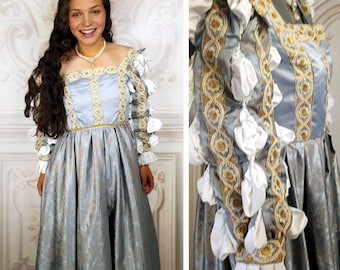 Italian Renaissance Gold and Light Blue Gown w Puff Sleeves - Wedding Dress or Cinderella, Juliet, Lucrezia Borgia, etc - CUSTOM made
