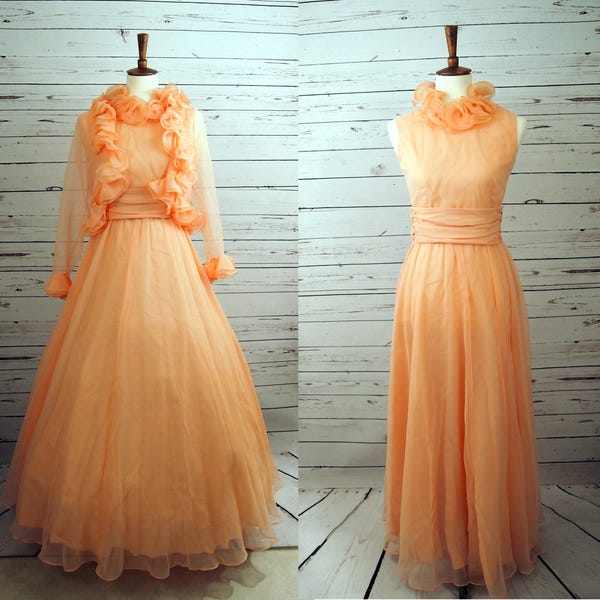 Victorian Edwardian Costume Ball Gown Dress, Tea Party, Orange Ruffles, Long Full Poofy Hoop Skirt, Jacket Layers Cupcake M 6, 1960s Prom