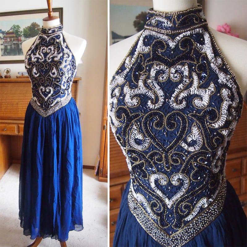 GOLD BEADED LONG DRESS WITH HALTER NECK main image 0