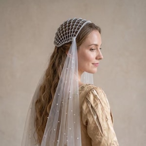 Puede incluir: Tocado nupcial con un diseño de red adornado con pequeñas perlas. Un velo blanco transparente con perlas dispersas cae. La mujer lleva una blusa bordada de color dorado. La estética general es elegante y de inspiración vintage.